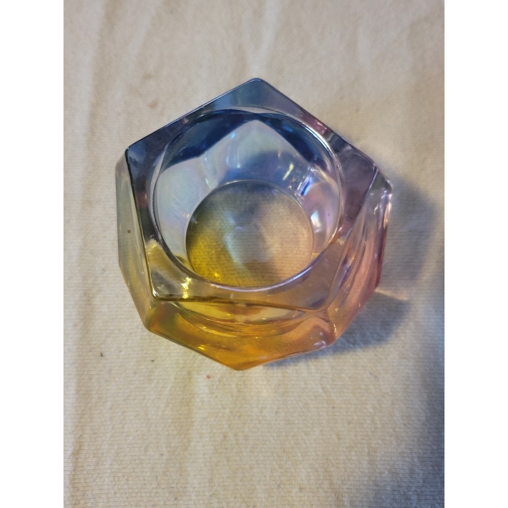 Iridescent Art Glass Tealight Votive Candle Holder Hexagon 3.5" Unmarked